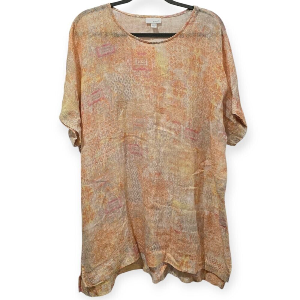 J. Jill Purejill XL Orange Linen Cotton Blend Tapestry Light Short Sleeve Tunic